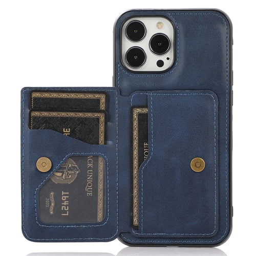 Well-Protected Card Holders PU Leather Coated PC TPU Hybrid Shell [Built-In Magnetic Metal Sheet] for iPhone 13 Pro Max 6.7 inch - Blue - 1