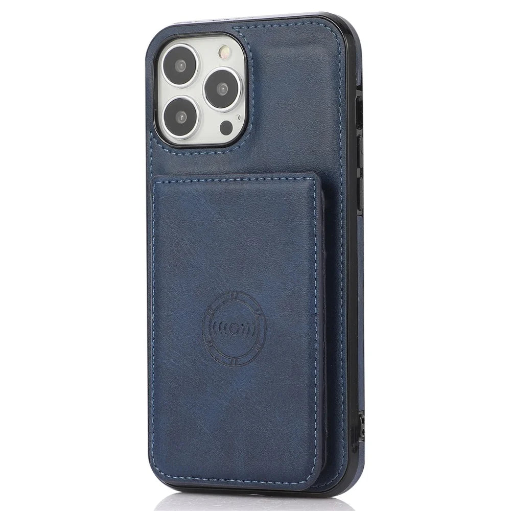Well-Protected Card Holders PU Leather Coated PC TPU Hybrid Shell [Built-In Magnetic Metal Sheet] for iPhone 13 Pro Max 6.7 inch - Blue - 3