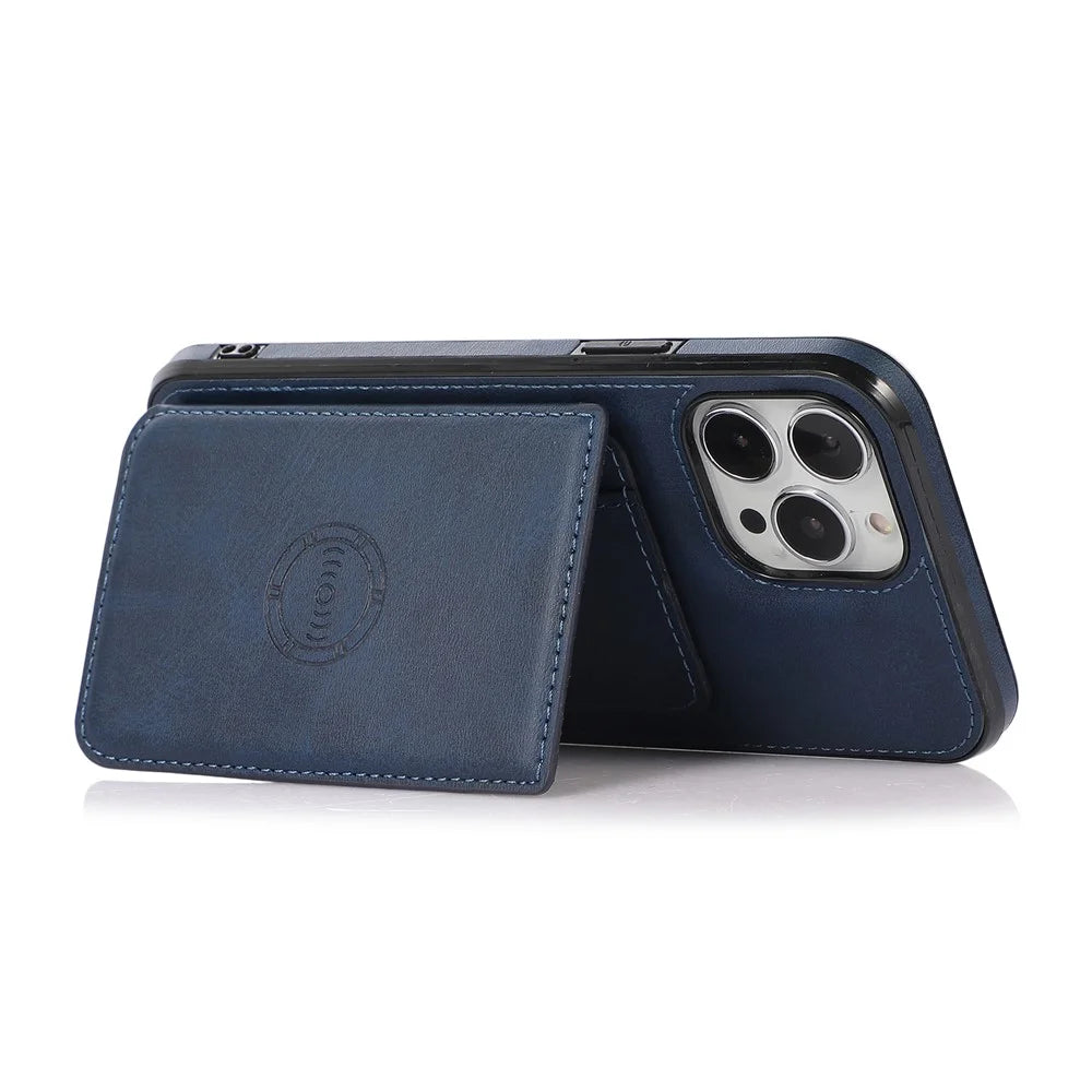 Well-Protected Card Holders PU Leather Coated PC TPU Hybrid Shell [Built-In Magnetic Metal Sheet] for iPhone 13 Pro Max 6.7 inch - Blue - 5