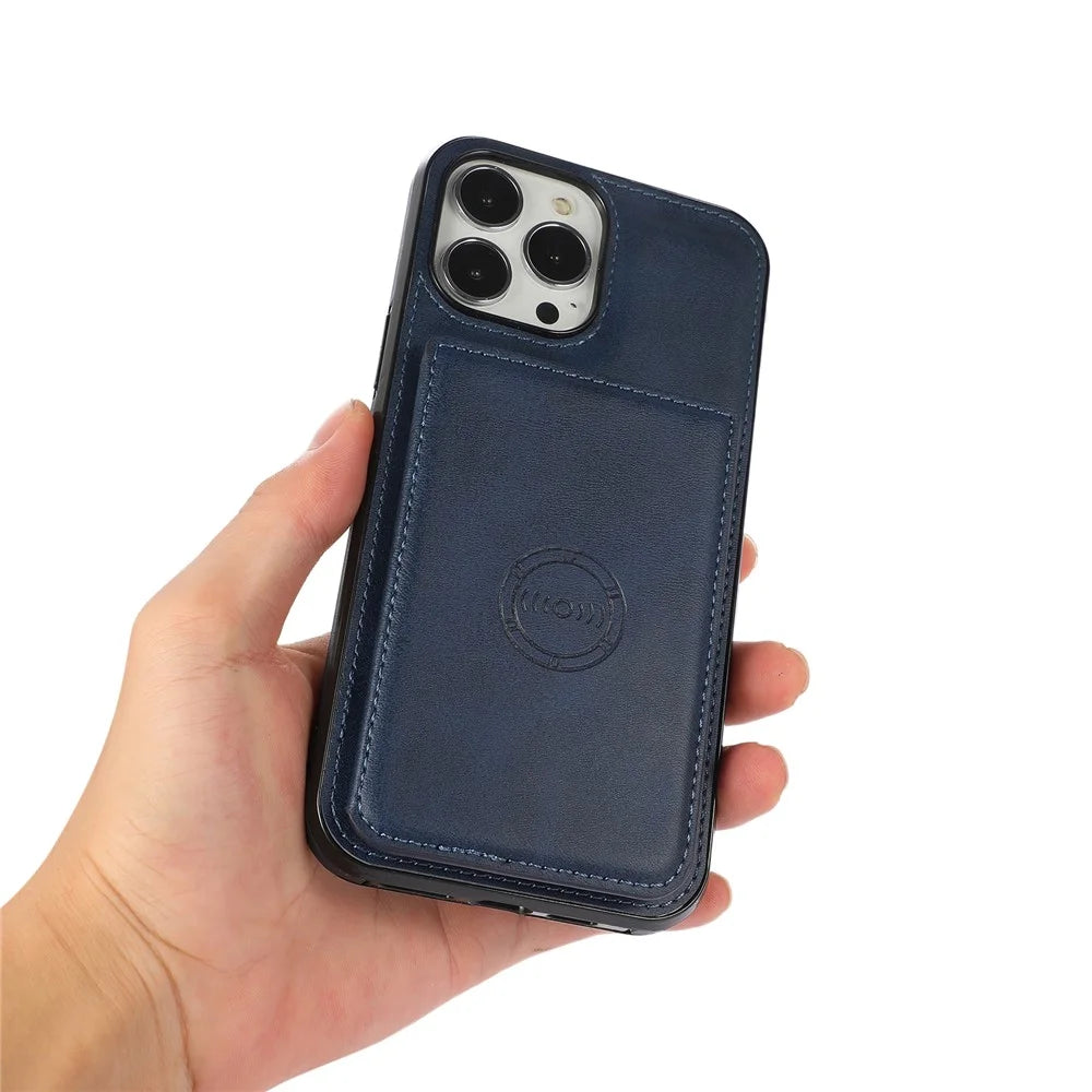 Well-Protected Card Holders PU Leather Coated PC TPU Hybrid Shell [Built-In Magnetic Metal Sheet] for iPhone 13 Pro Max 6.7 inch - Blue - 7