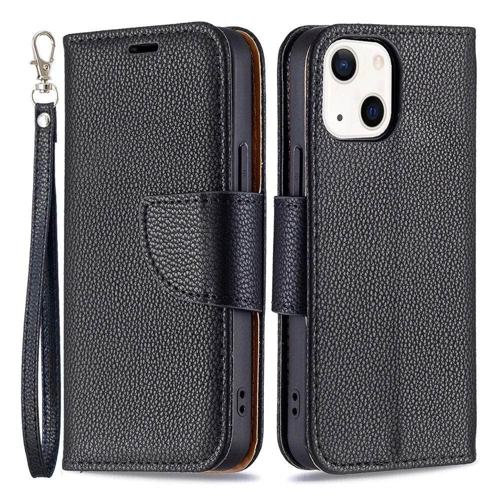 Full Protection PU Leather Cover Litchi Texture Phone Case with Wallet Stand Design for iPhone 13 mini 5.4 inch - Black - 1