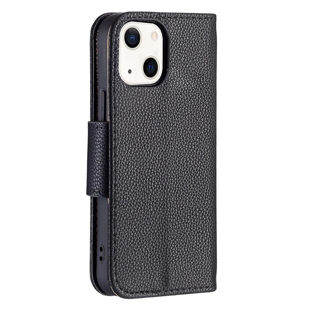Full Protection PU Leather Cover Litchi Texture Phone Case with Wallet Stand Design for iPhone 13 mini 5.4 inch - Black - 3