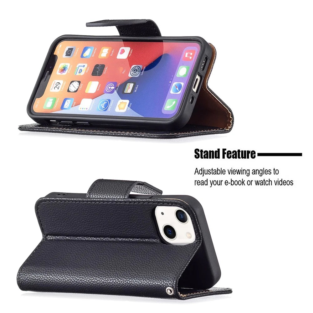 Full Protection PU Leather Cover Litchi Texture Phone Case with Wallet Stand Design for iPhone 13 mini 5.4 inch - Black - 4