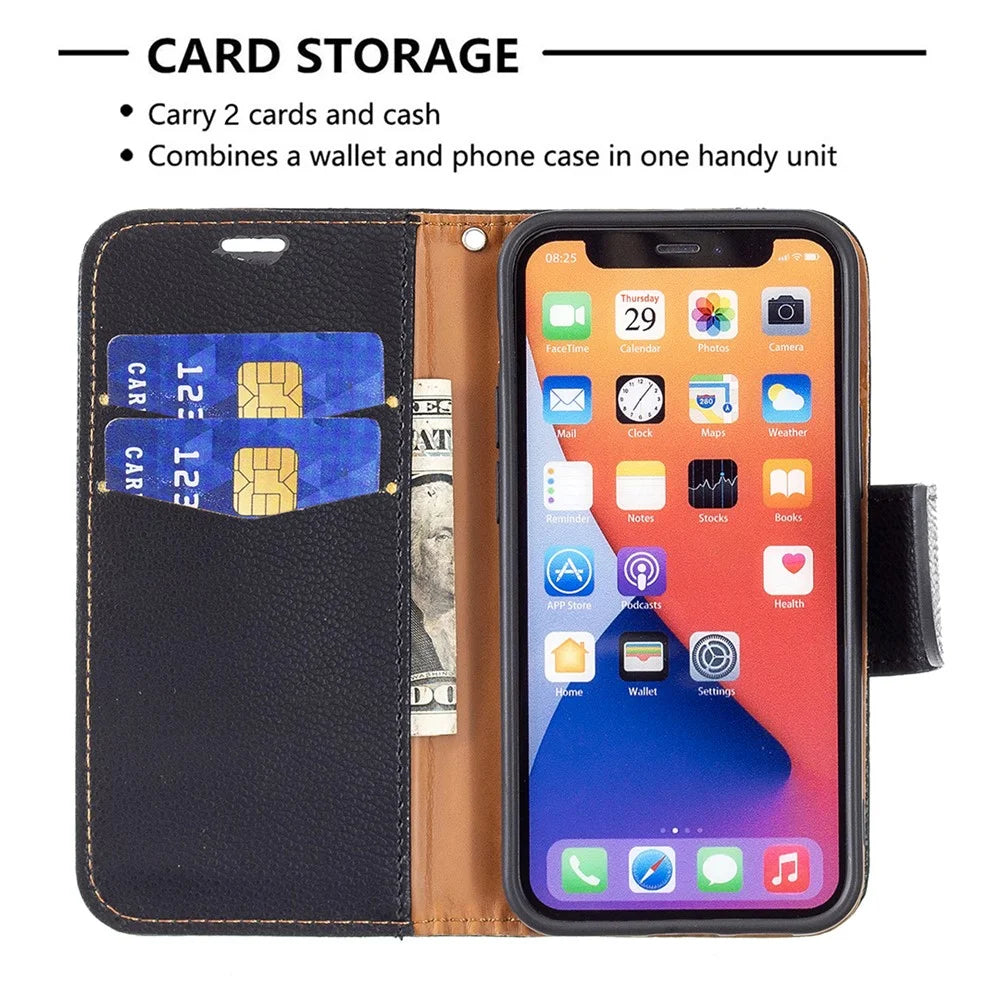 Full Protection PU Leather Cover Litchi Texture Phone Case with Wallet Stand Design for iPhone 13 mini 5.4 inch - Black - 5