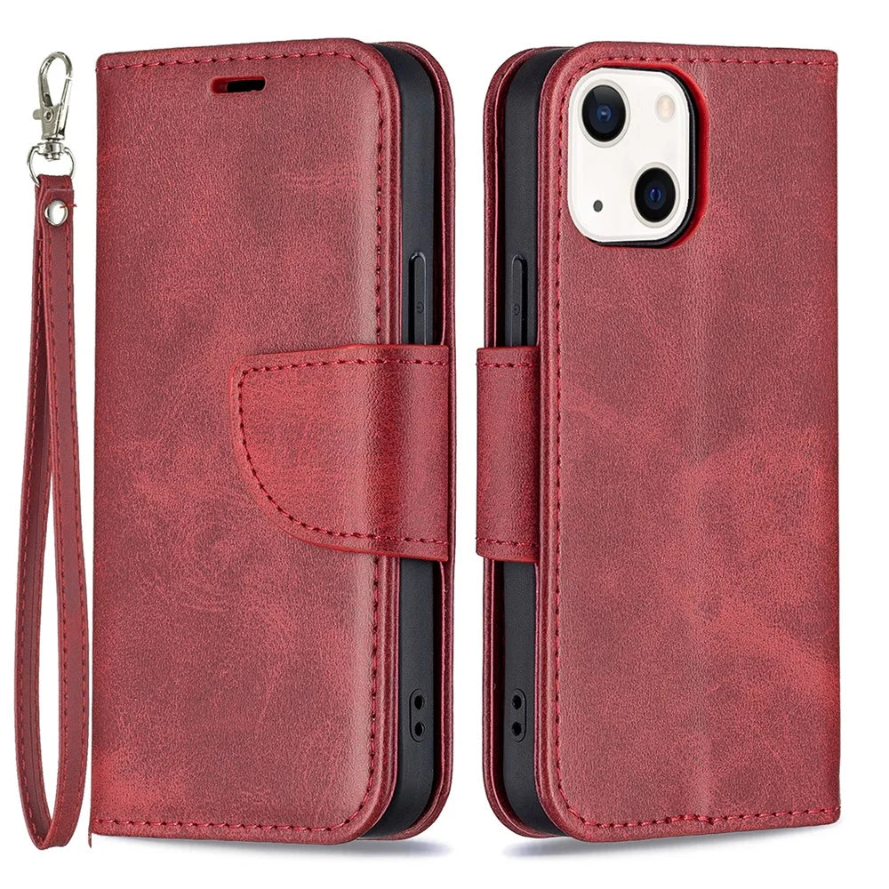 Solid Color Leather Wallet Case Phone Shell with Strap for iPhone 13 mini 5.4 inch - Red - 1