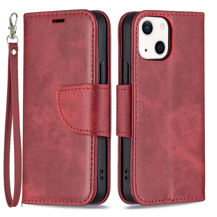 Solid Color Leather Wallet Case Phone Shell with Strap for iPhone 13 mini 5.4 inch - Red - 1