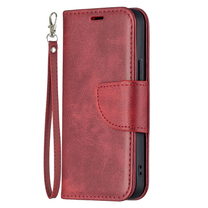 Solid Color Leather Wallet Case Phone Shell with Strap for iPhone 13 mini 5.4 inch - Red - 2