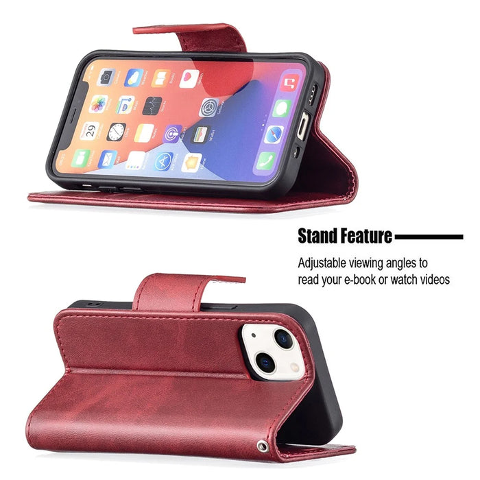 Solid Color Leather Wallet Case Phone Shell with Strap for iPhone 13 mini 5.4 inch - Red - 4