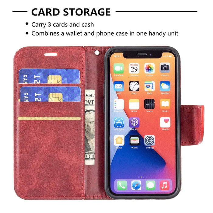 Solid Color Leather Wallet Case Phone Shell with Strap for iPhone 13 mini 5.4 inch - Red - 5