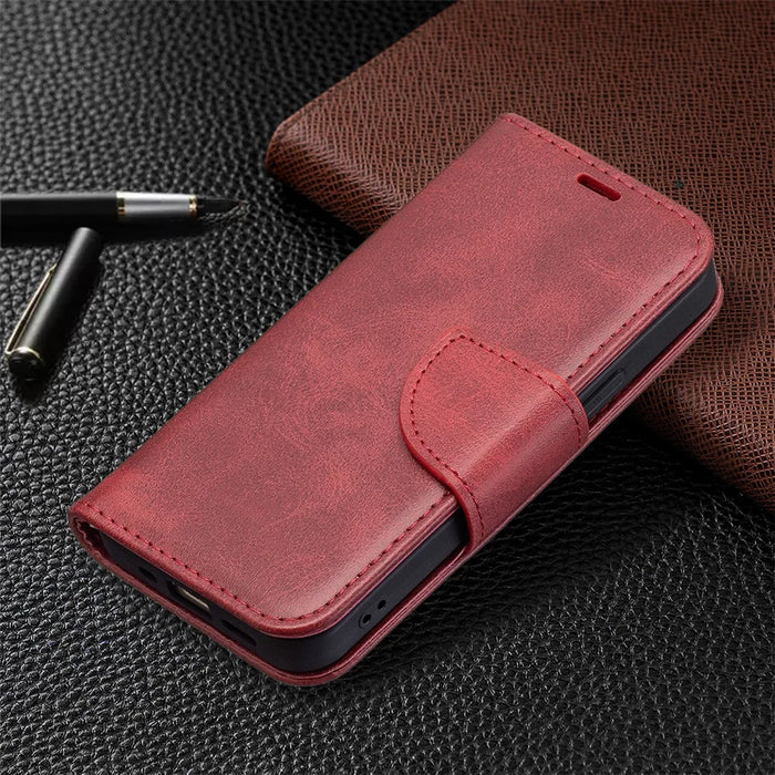 Solid Color Leather Wallet Case Phone Shell with Strap for iPhone 13 mini 5.4 inch - Red - 6