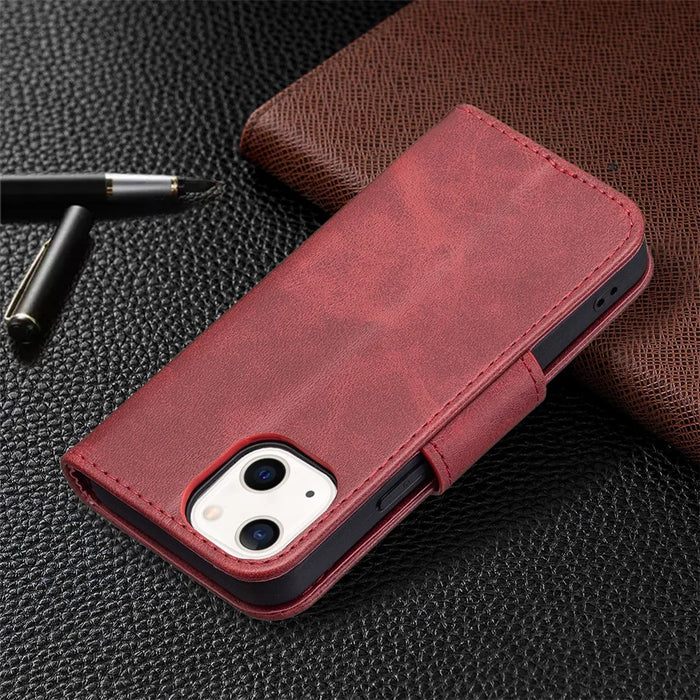 Solid Color Leather Wallet Case Phone Shell with Strap for iPhone 13 mini 5.4 inch - Red - 7