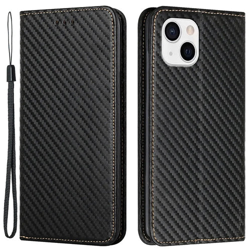 Solid Color Carbon Fiber Texture Auto-absorbed Leather Phone Cover Case with Wallet Stand for iPhone 13 6.1 inch - Black - 1