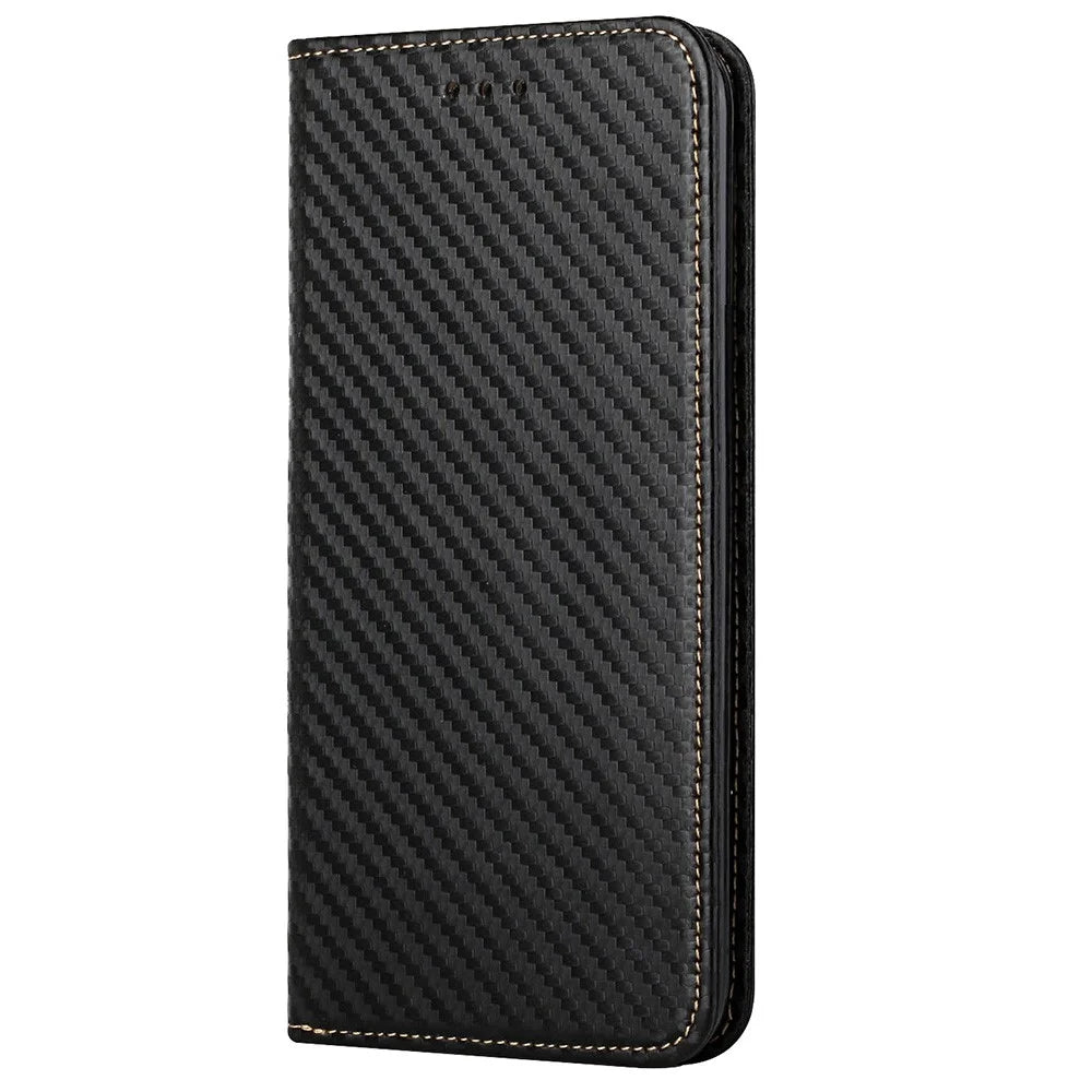 Solid Color Carbon Fiber Texture Auto-absorbed Leather Phone Cover Case with Wallet Stand for iPhone 13 6.1 inch - Black - 7