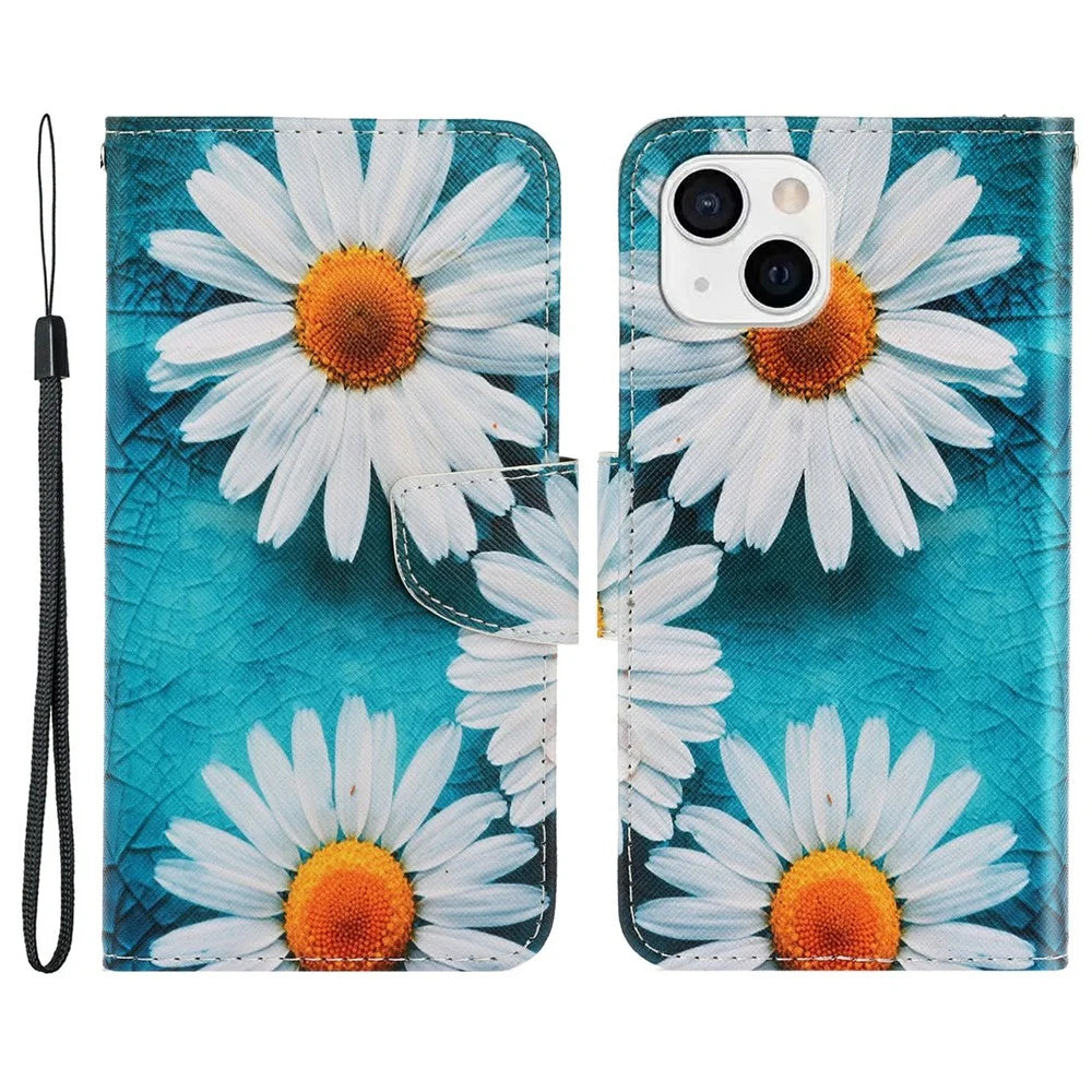 Pattern Printing Leather Wallet Stand Folio Flip Phone Shell Case for iPhone 13 6.1 inch - Chrysanthemum - 1