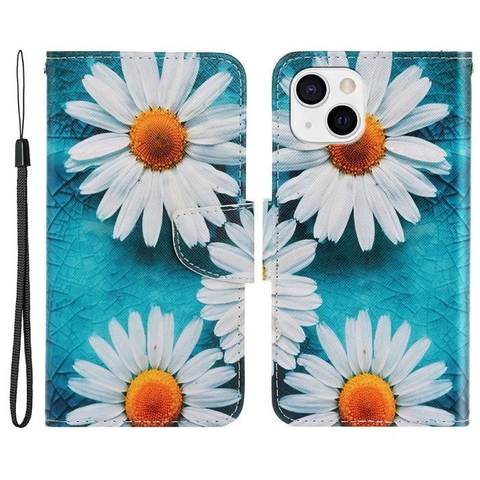 Pattern Printing Leather Wallet Stand Folio Flip Phone Shell Case for iPhone 13 6.1 inch - Chrysanthemum - 1