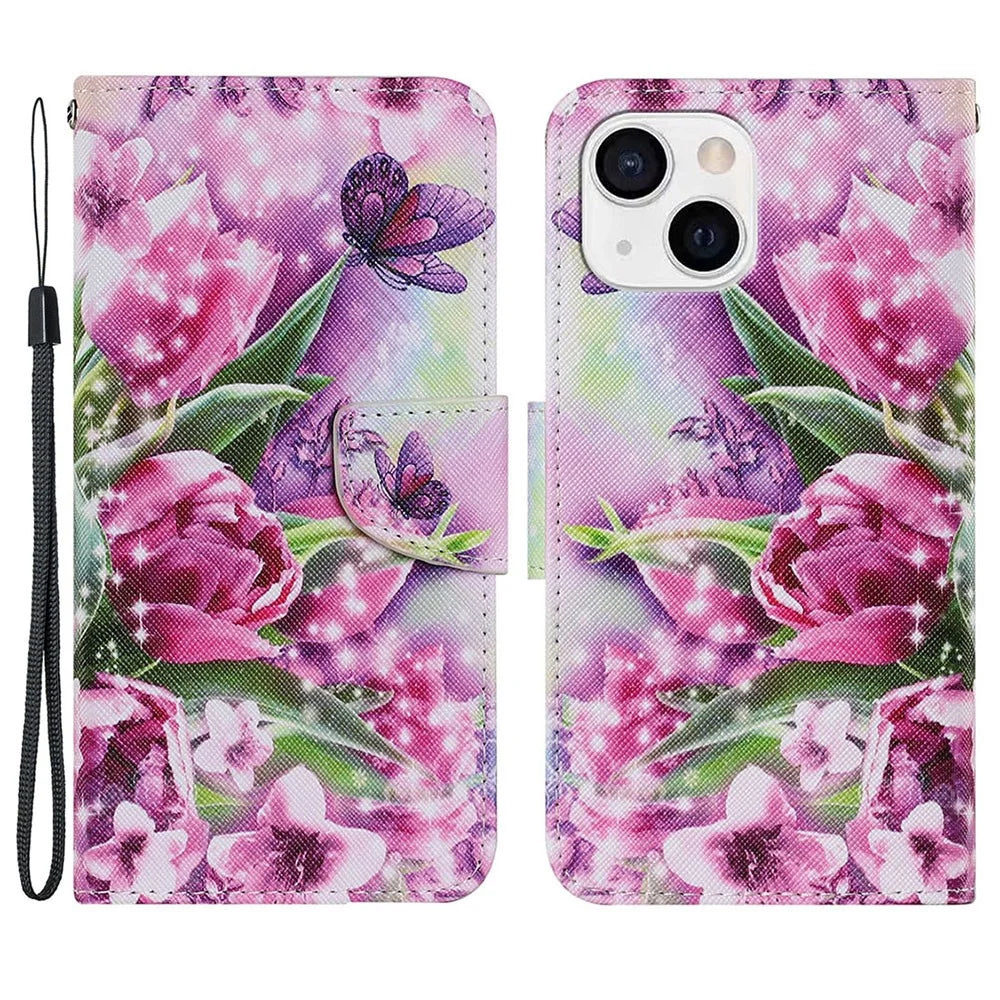 Full Protection Pattern-Printing Leather Case Phone Protective Cover Shell for iPhone 13 mini 5.4 inch - Tulip - 1