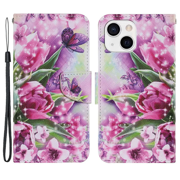 Full Protection Pattern-Printing Leather Case Phone Protective Cover Shell for iPhone 13 mini 5.4 inch - Tulip - 1