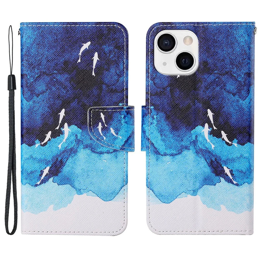 All-round Protective Pattern Printing Leather Phone Stand Shell with Strap for iPhone 13 6.1 inch - White Whale and Sea - 1