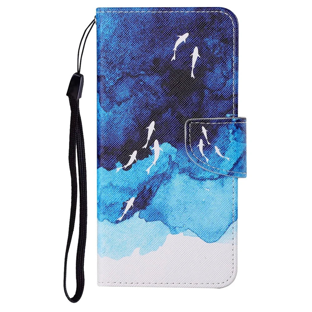 All-round Protective Pattern Printing Leather Phone Stand Shell with Strap for iPhone 13 6.1 inch - White Whale and Sea - 6