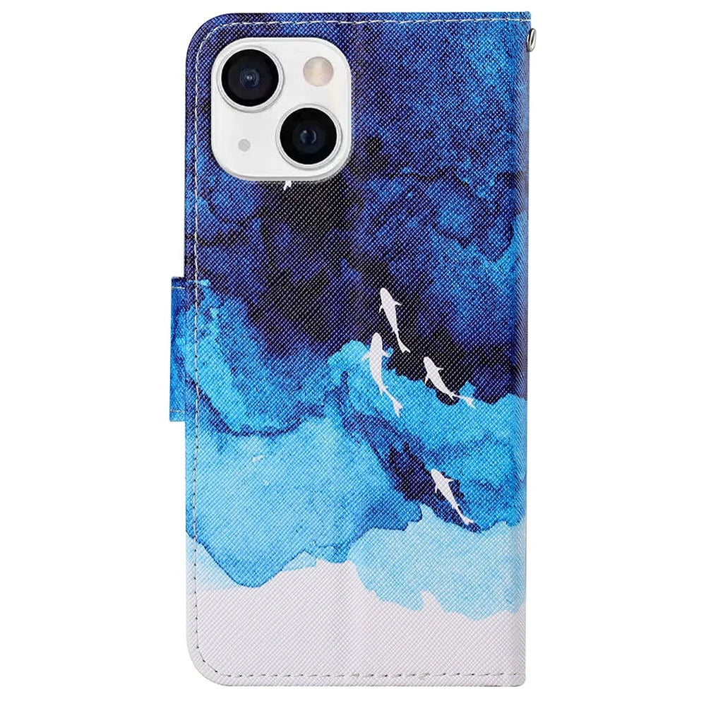 All-round Protective Pattern Printing Leather Phone Stand Shell with Strap for iPhone 13 6.1 inch - White Whale and Sea - 7