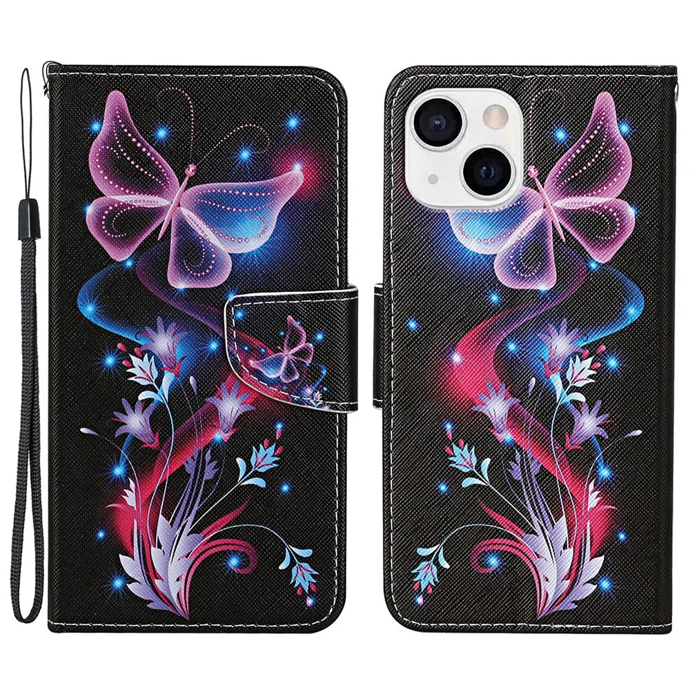 Pattern Printing Wallet Stand Design PU Leather Phone Case Shell with Wrist Strap for iPhone 13 6.1 inch - Butterfly - 1
