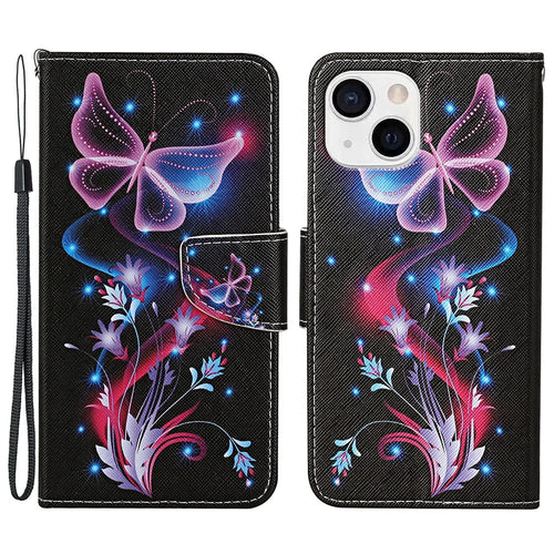 Pattern Printing Wallet Stand Design PU Leather Phone Case Shell with Wrist Strap for iPhone 13 6.1 inch - Butterfly - 1