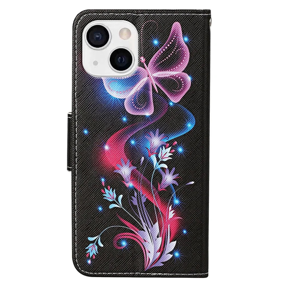 Pattern Printing Wallet Stand Design PU Leather Phone Case Shell with Wrist Strap for iPhone 13 6.1 inch - Butterfly - 7
