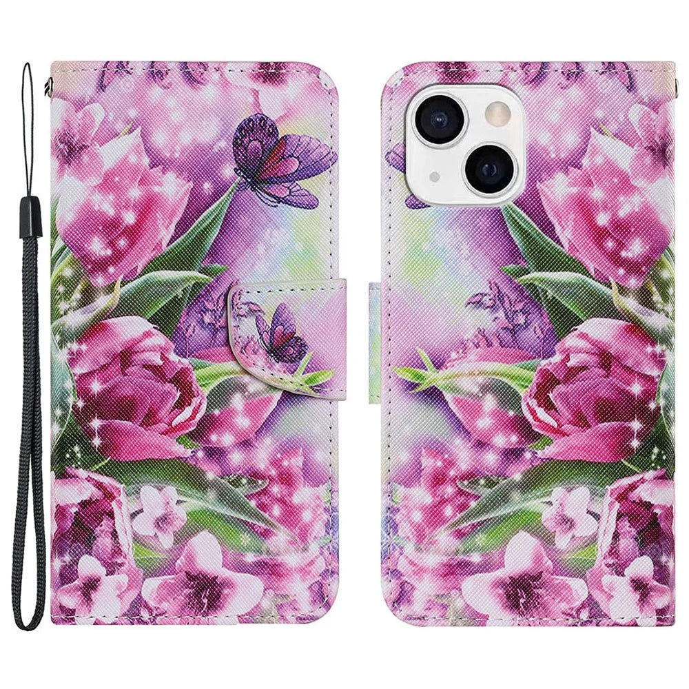 Pattern Printing PU Leather Wallet Phone Case Cover with Stand for iPhone 13 6.1 inch - Flower and Butterfly - 1