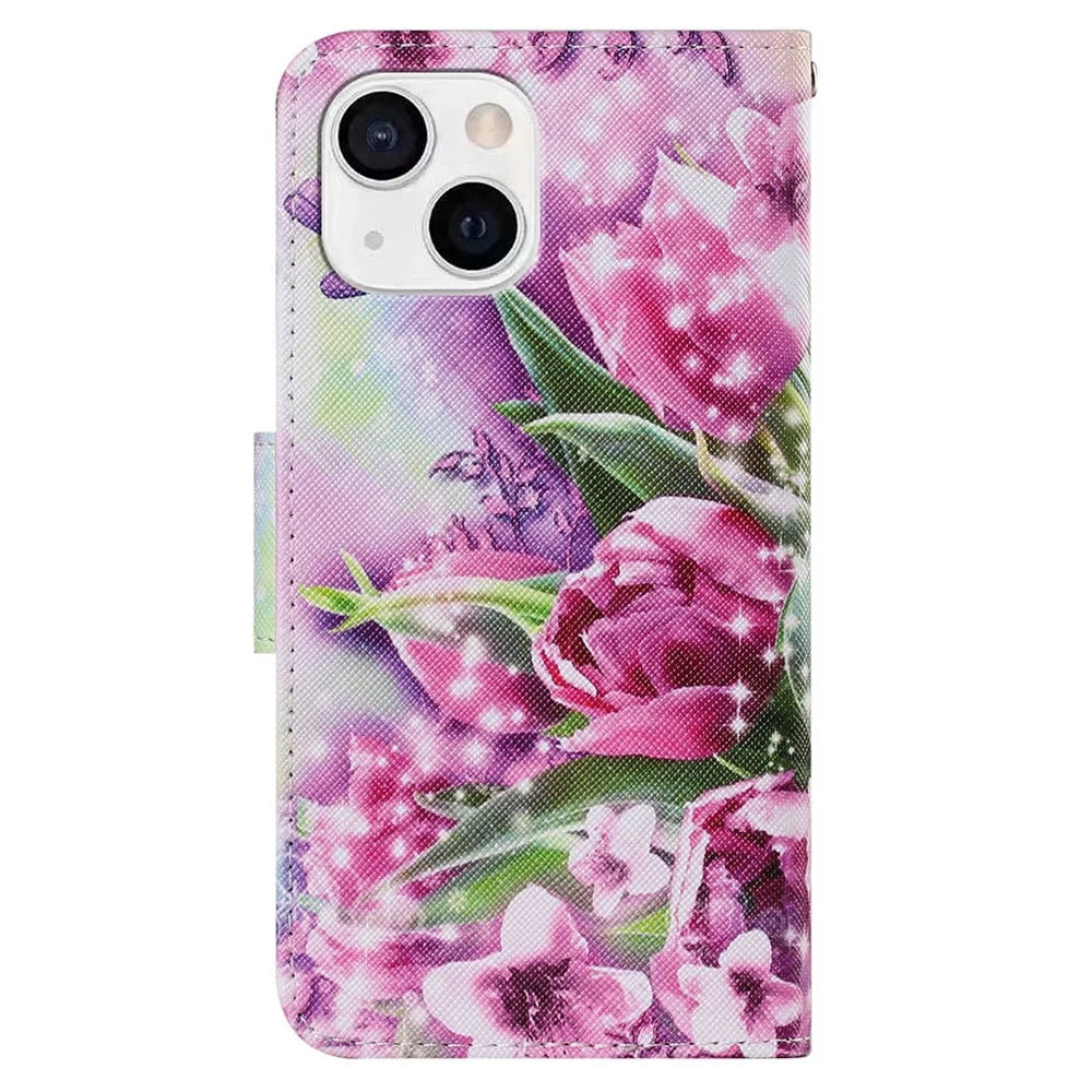 Pattern Printing PU Leather Wallet Phone Case Cover with Stand for iPhone 13 6.1 inch - Flower and Butterfly - 7