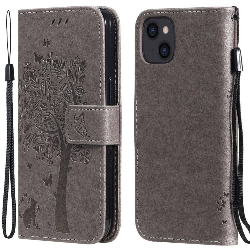 For iPhone 13 Phone Case with Stand Cat Tree Pattern Leather Wallet Mobile Cover - Grey - 1