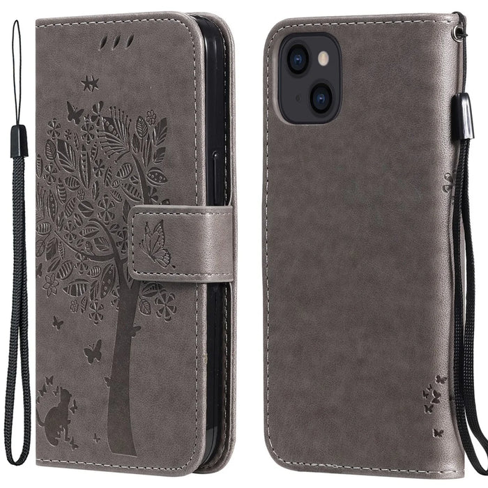For iPhone 13 Phone Case with Stand Cat Tree Pattern Leather Wallet Mobile Cover - Grey - 1
