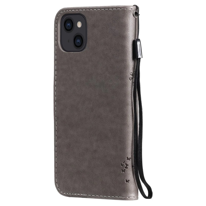For iPhone 13 Phone Case with Stand Cat Tree Pattern Leather Wallet Mobile Cover - Grey - 3