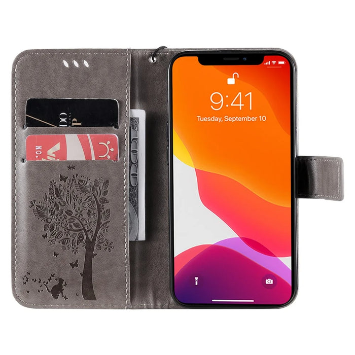 For iPhone 13 Phone Case with Stand Cat Tree Pattern Leather Wallet Mobile Cover - Grey - 4