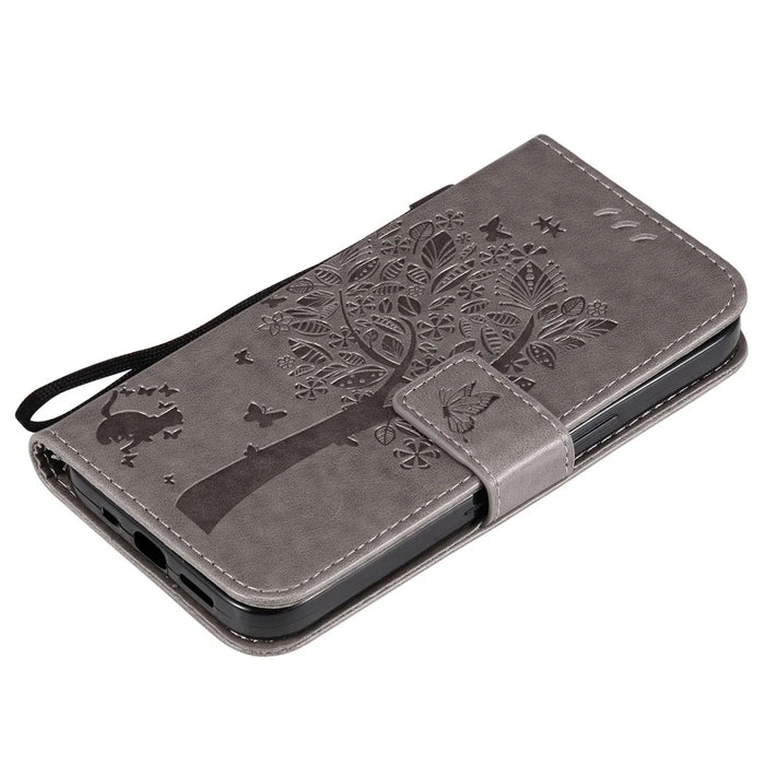 For iPhone 13 Phone Case with Stand Cat Tree Pattern Leather Wallet Mobile Cover - Grey - 6
