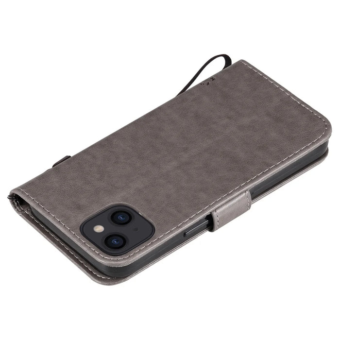 For iPhone 13 Phone Case with Stand Cat Tree Pattern Leather Wallet Mobile Cover - Grey - 7