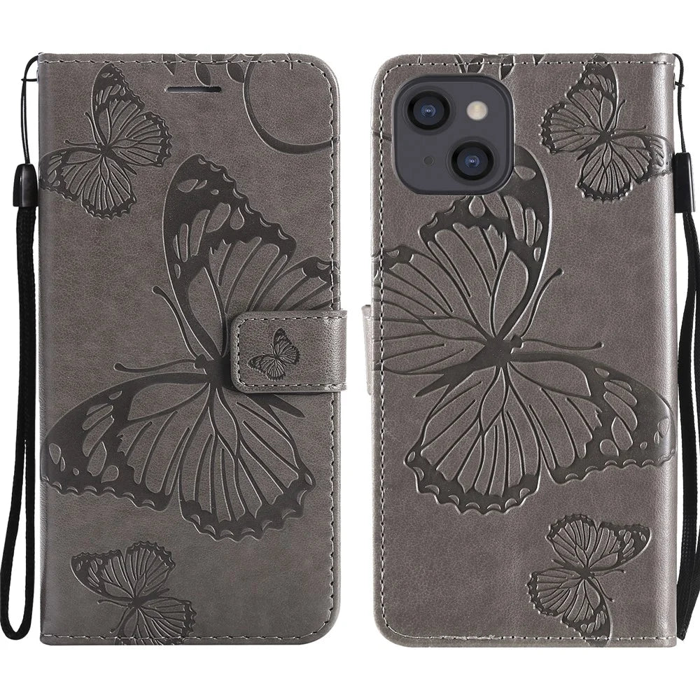 For iPhone 13 Wallet Case Floral Butterfly Imprinted Leather Phone Cover Stand - Grey - 1