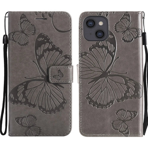 For iPhone 13 Wallet Case Floral Butterfly Imprinted Leather Phone Cover Stand - Grey - 1