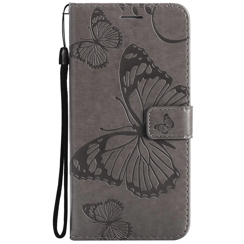 For iPhone 13 Wallet Case Floral Butterfly Imprinted Leather Phone Cover Stand - Grey - 2