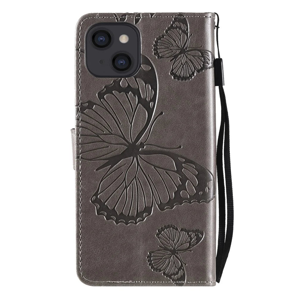 For iPhone 13 Wallet Case Floral Butterfly Imprinted Leather Phone Cover Stand - Grey - 3