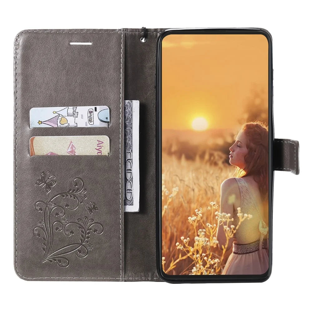 For iPhone 13 Wallet Case Floral Butterfly Imprinted Leather Phone Cover Stand - Grey - 4