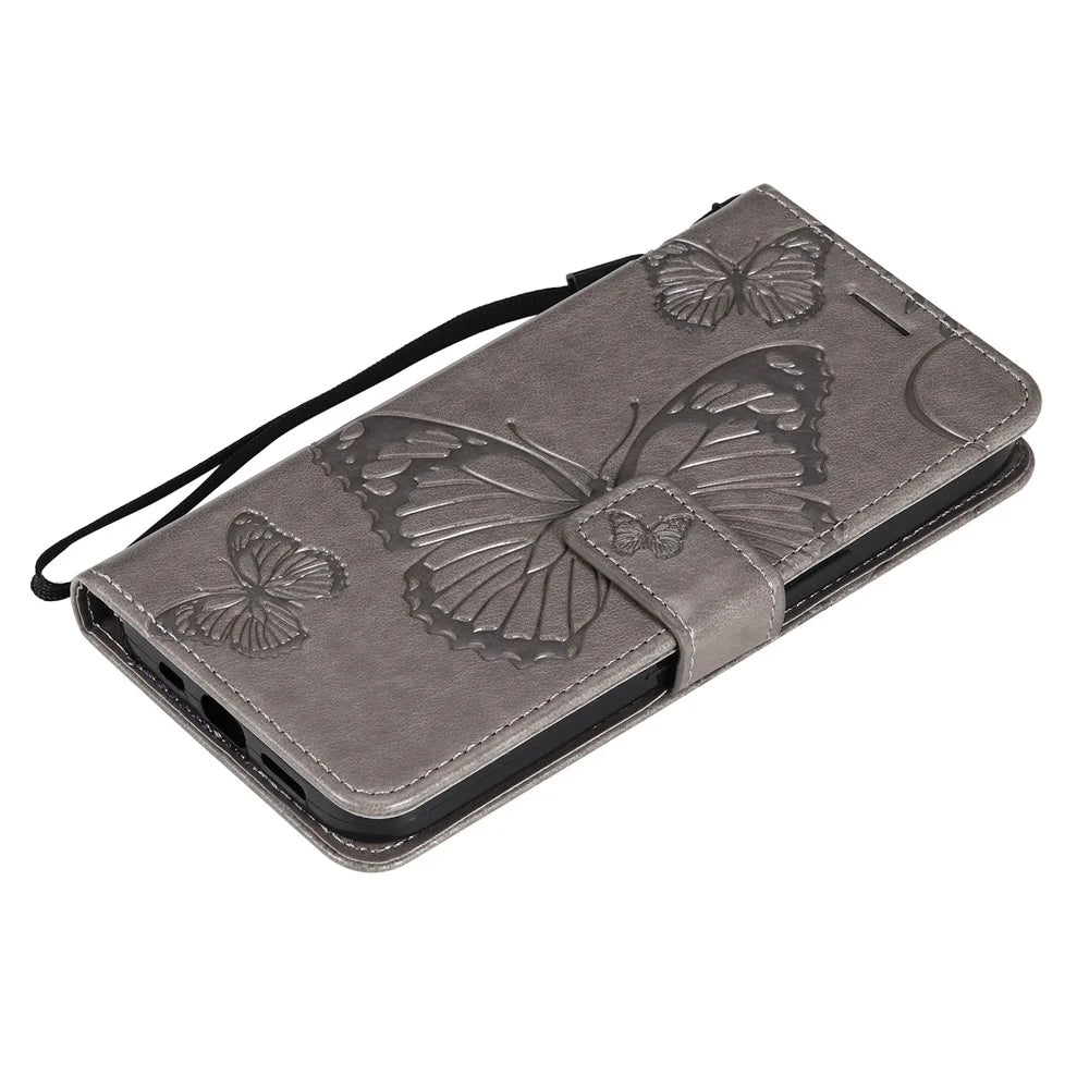 For iPhone 13 Wallet Case Floral Butterfly Imprinted Leather Phone Cover Stand - Grey - 6