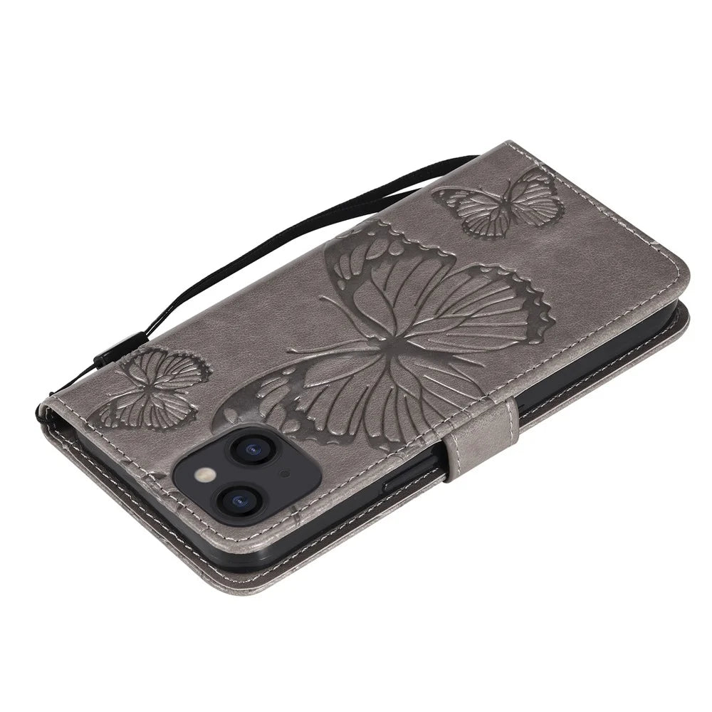 For iPhone 13 Wallet Case Floral Butterfly Imprinted Leather Phone Cover Stand - Grey - 7
