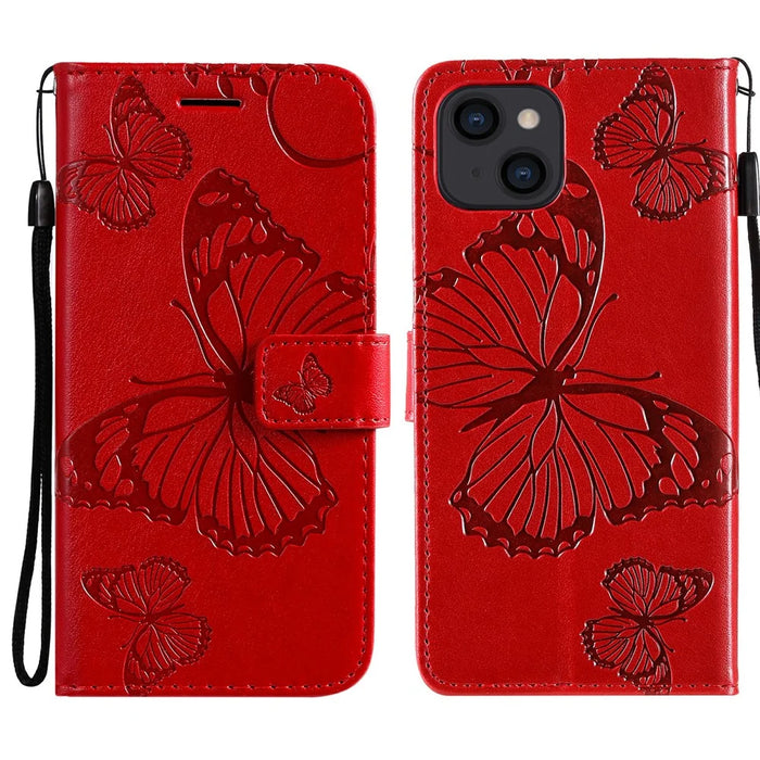 For iPhone 13 mini Wallet Case Floral Butterfly Imprinted Leather Phone Cover Stand - Red - 1