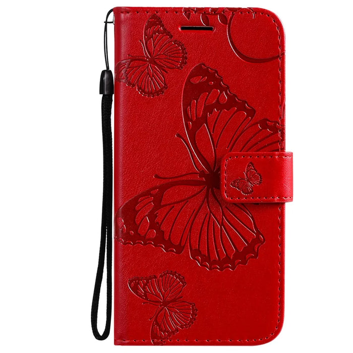 For iPhone 13 mini Wallet Case Floral Butterfly Imprinted Leather Phone Cover Stand - Red - 2