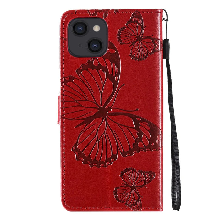 For iPhone 13 mini Wallet Case Floral Butterfly Imprinted Leather Phone Cover Stand - Red - 3