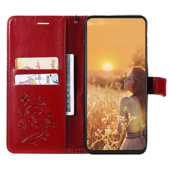 For iPhone 13 mini Wallet Case Floral Butterfly Imprinted Leather Phone Cover Stand - Red - 4