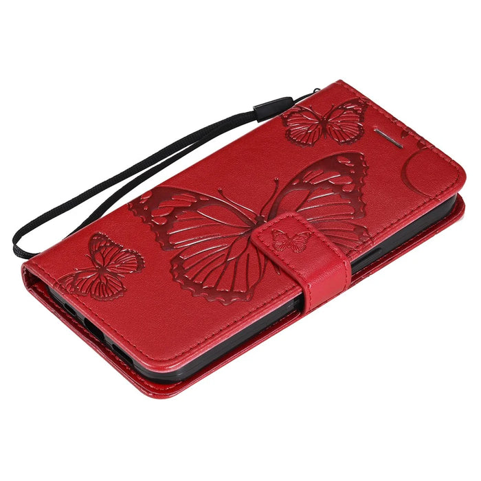 For iPhone 13 mini Wallet Case Floral Butterfly Imprinted Leather Phone Cover Stand - Red - 6