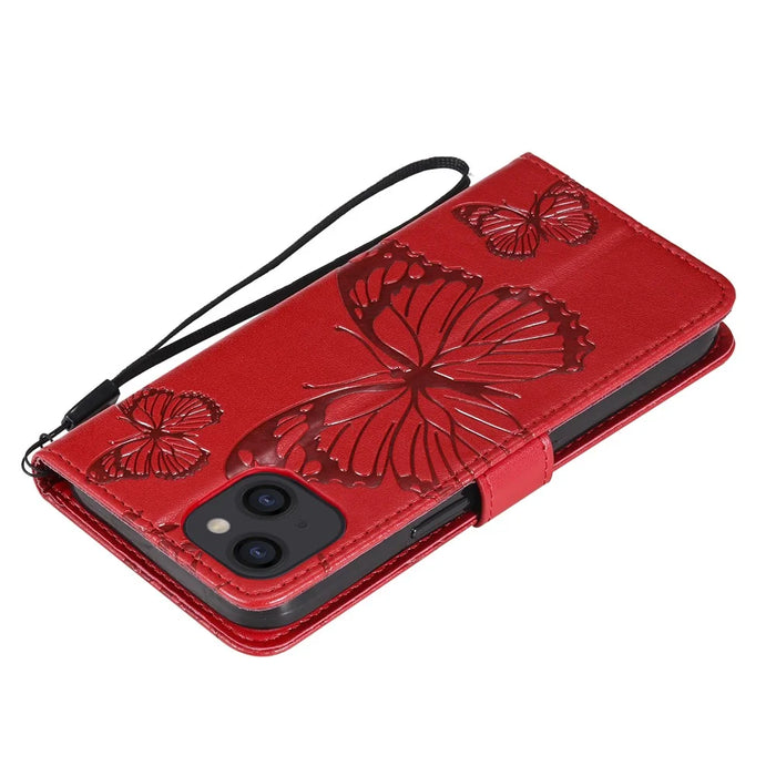 For iPhone 13 mini Wallet Case Floral Butterfly Imprinted Leather Phone Cover Stand - Red - 7