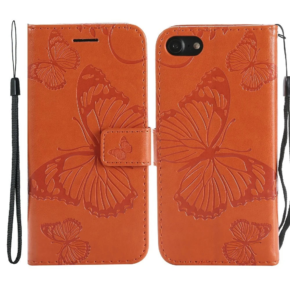 For iPhone SE (2022) / SE (2020) / 8 / 7 Wallet Case Floral Butterfly Imprinted Leather Phone Cover Stand - Orange - 1
