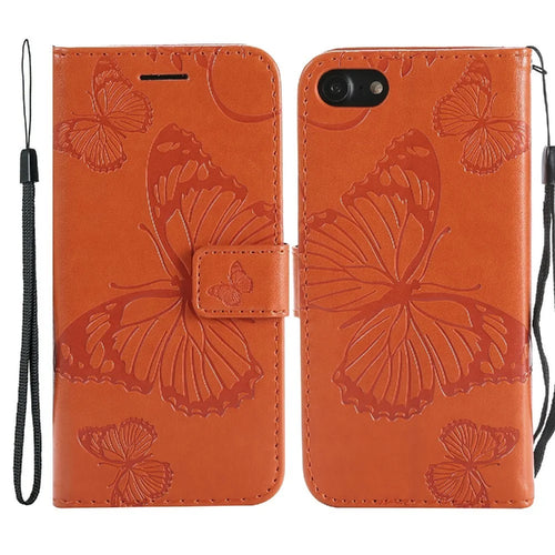 For iPhone SE (2022) / SE (2020) / 8 / 7 Wallet Case Floral Butterfly Imprinted Leather Phone Cover Stand - Orange - 1